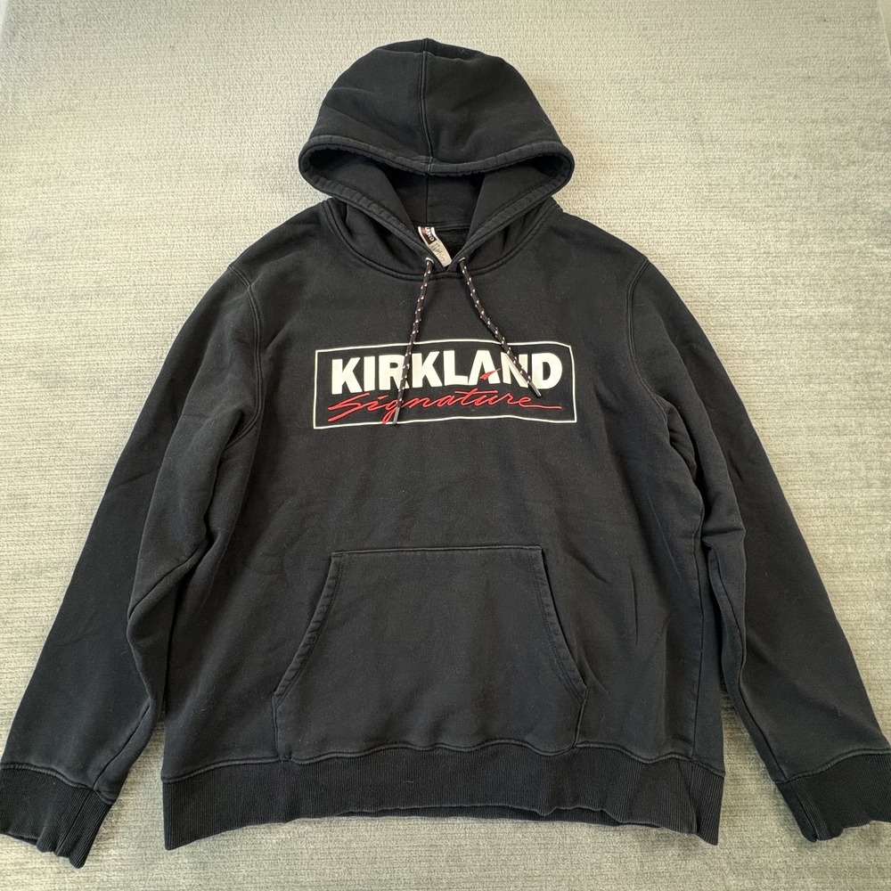 Kirkland Signature Hoodie Men's XL Box Logo Black Costco Pullover Sweatshirt